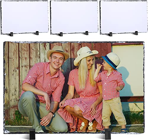 4 Pcs Sublimation Blank Slate Rock Rectangular Custom Stone Slate Picture Frame Matte Heat Transfer Rock Photo Plaque with Display Stand for Desktop Souvenir DIY Gift Decoration (7.8 X 11.8 Inch)