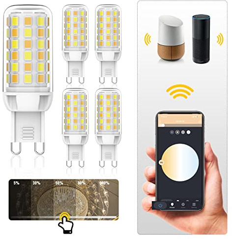 SmartG9 LED-Austauschlampe für Alexa Echo, Google Home, SmartThings - 4W 350 Lumens - Stimmbasiertes Kontrollsystem - WiFi Smart G9 5er Pack