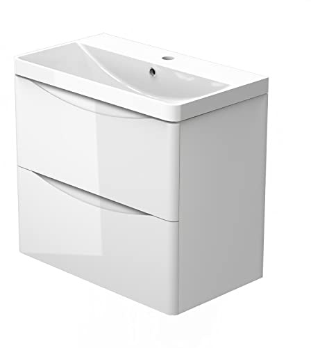 Biubiubath 600 mm Wandmontierte Badezimmer-Waschtisch-Einheit Hochglanz Weiß 2 leise schließende Schubladen Badezimmer-Möbel-Set Flachpackung
