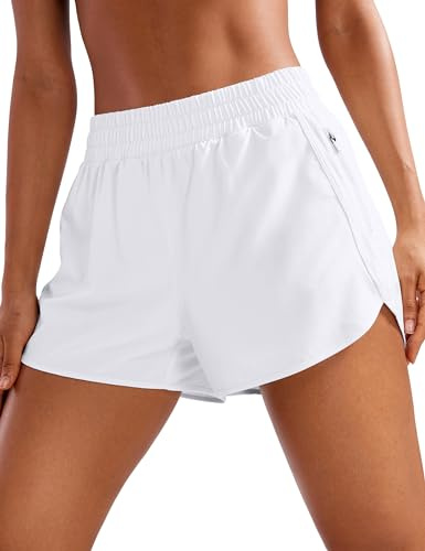 CRZ YOGA Damen Kurz Sporthose Laufhose High Waist Fitness Sport Shorts Kurze Hose mit Reißverschlusstasche Weiss 40