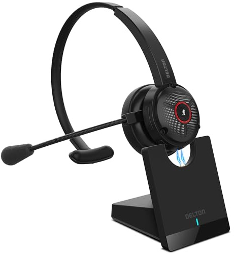 Delton Casque Bluetooth avec suppression du bruit et station de charge, casque professionnel sans fil avec micro, pour PC/ordinateur portable, mains libres, boutons muet et volume, pour rencontrer,