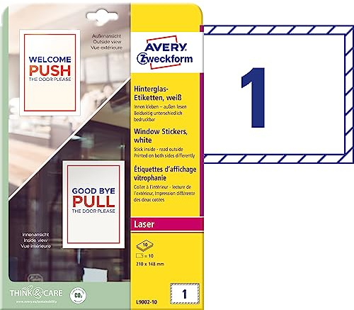 AVERY Zweckform L9002-10 Hinterglas Etiketten (20 innenklebende Scheibenaufkleber A5, Schaufenster, Glastüren, Eingang/Ausgang, Drücken/Ziehen, Öffnungszeiten, beidseitig bedruckbar) 10 Blatt, weiß