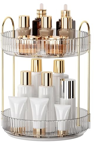 YCIA&DONE 360 Rotating Makeup Organizer and Storage for Vanity Bathroom Countertop, High Capacity Cosmetic Skincare Perfume Organizers for Dresser Lazy Susan (Clear White,2 Tiers)