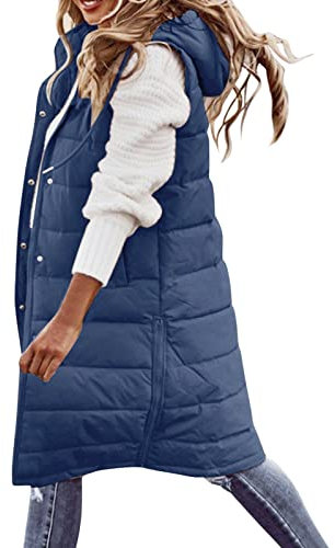 Damen Lang Weste Steppweste Winter Daunenweste Übergangsweste Warmer Daunenmantel Hooded Frauen Softshelljacke Mit Kapuze Leicht Ärmellos Jacke mit Reissverschluss Taschen Wintermantel Winterjacke