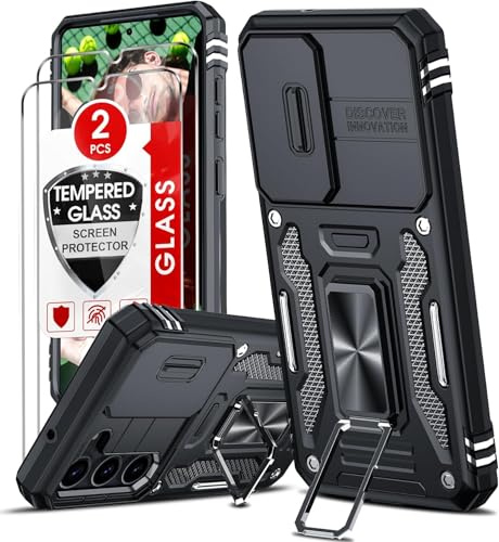 LeYi Kameraschutz Hülle für Samsung Galaxy S23 Handyhülle [2 Glasfolie Schutzfolie], Militär Standard Handy Hüllen Ständer Schutzhülle Kamera Schutz Schiebeabdeckung S 23 5G Case Schwarz