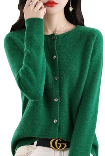 Women's Cashmere Cardigan Sweater,100% Cashmere Button Front Long Sleeve Cardigan-Hand Wash Only (Green,M)