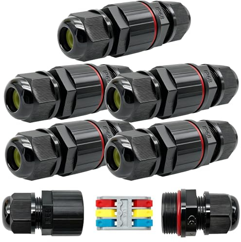 Giunto Elettrico Impermeabile, CTRICALVER 5 Pacchi Connettori Elettrici IP66, 3 Poli Scatola Connettori Impermeabile per Diametro del Cavo Ø6-12mm, Connettore Stagno
