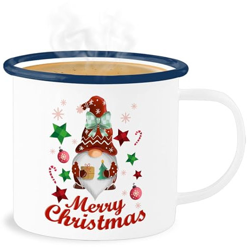 Emaille Becher Blechbecher - Weihnachtstasse Tasse Weihnachten - Weihnachtlicher Wichtel I Weihnachtsmotiv I Merry Christmas Wichtelmotiv - 300 ml - Weiß Blau - weihnachtstassen weihnachts