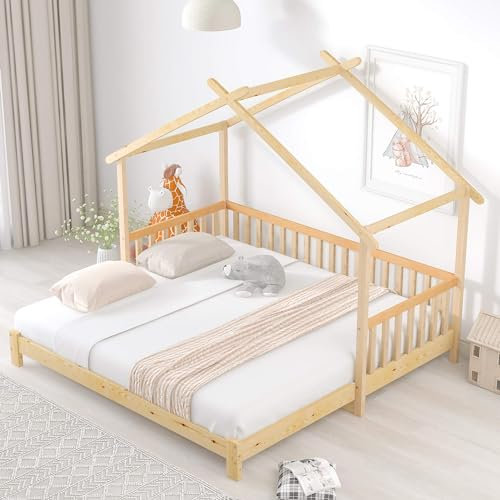 MQGPM Hausbett Baumhausbett Bodenbett 200x90CM mit Rausfallschutz und Lattenrost, Erweiterbares Kinderbett für 2 Kinder Vielseitiges Bett für Spielendes Lernen reines Massivholz, Natur