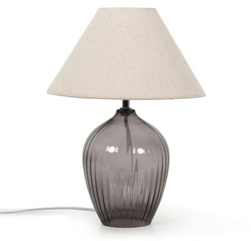 ValueLights | Grey Glass Base Table Lamp with Fabric Tapered Lampshade | Home Décor, Bedside & Desk Lamp | Includes Bulb [3000K Warm White]