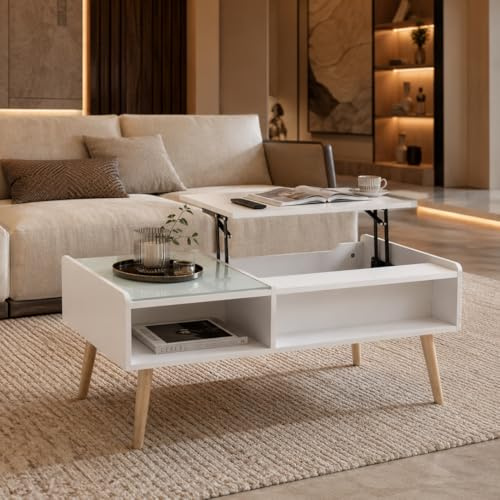 Makika Couchtisch Wohnzimmertisch ausziehbar - mit höhenverstellbarer Platte und verstecktem Stauraum Sofatisch Kaffeetisch Beistelltisch - Fernsehtisch aus Holz und Glas Wohnzimmer Möbel Tisch Weiß