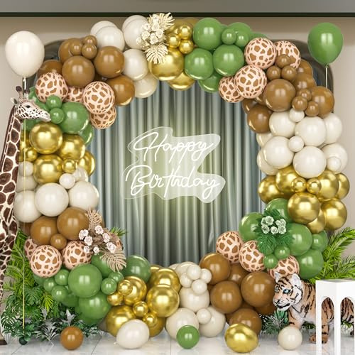 Unisun Kit Arco Globos Jungle Safari, 140 Piezas Guirnalda Globos Oro Verde Salvia con Patrón Ciervo Globos Animales para Decoración Fiesta Cumpleaños Baby Shower Aniversario Boda Temática Salvaje
