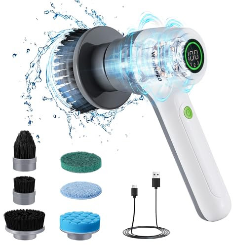 WORKPRO Electric Cleaning Brush, Handheld Spin Scrubber with LED Display, 3 Speeds Power Scrubber with 6 Replaceable Brush Heads, Spin Brush for Cleaning Kitchen, Bathroom, Bathtub, Tile, and Floor