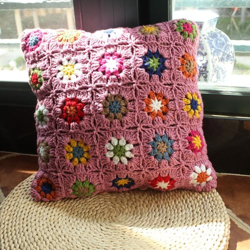 MOCOFO Weiches handgefertigtes Häkelkissen (ohne Kissenkern) Modischer böhmischer Stil dreidimensionaler Blumensofa-Kissenbezug (Bunte Blumen - rosa, 40x40cm)