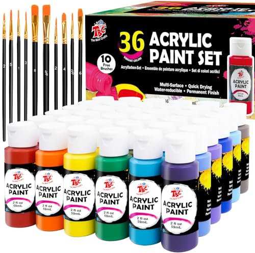 TBC Peinture acrylique 36 x 60 ml avec 10 pinceaux Peinture Acrylique à Séchage Rapide - Résistante à l'eau et à la Lumière - Pour Pierre, Céramique, Bois, Toile - Pour Artistes, Débutants & Enfants