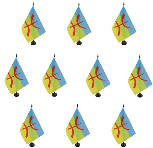 AZ FLAG - Set med 10 Kabylie bordsflagga 21 x 14 cm - 10 små Kabyle-flaggor - Algeriet Berber kontor 100 % polyester med 25 cm skaft och svart plastbas