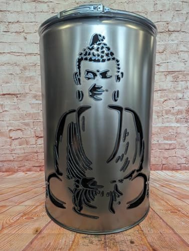 Fuchsbau Feuertonnen Feuertonne mit - Buddha - Motiv - Gefertigt aus neuem Ölfass - Besondere Feuerstelle für Garten und Terrasse - Hohe Feuerschale mit Rostoptik - 90 x 60 cm