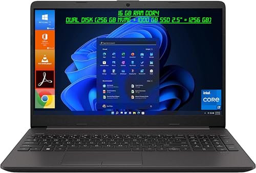 HP Notebook 250 G9, Display Laptop 15.6 Full HD, Intel Core i7 12Th, 16GB Ram, |1256GB Dual Disk| 256GB NVMe + 1000GB SSD 2.5'', Windows 11 Pro, Office 2021 Pro Plus - Portatile Pronto all'Uso