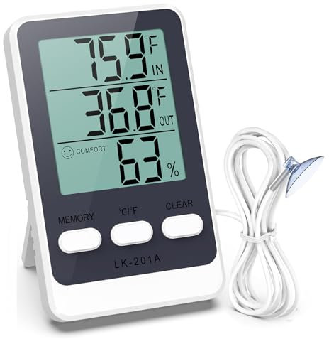 ORIA Termómetro para Refrigerador, Monitor de Temperatura, Medidor de Humedad con Sonda Impermeable, Función Mín/Máx, 3 Opciones de Montaje para Frigorífico, Congelador, Acuario