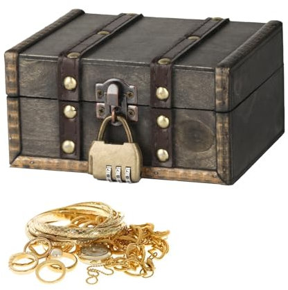 QUIIEOSKIA Vintage Holz Schatztruhe mit Zahlenschloss, Vintage Holztruhe mit Schloss, Schatzkiste Holz Aufbewahrung Schatzkiste mit Schloss für Aufbewahrung Dekoration Geschenke, 15 x 12 x 7,5 cm