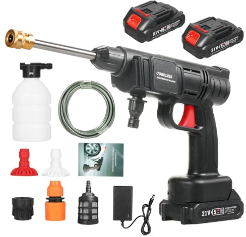 Nettoyeur haute pression portatif 350 PSI Nettoyeur portable sans fil avec tube de 5 m, nettoyeur haute pression portable avec 2 batteries, longue durée de vie, pour irrigation, nettoyage, voitures