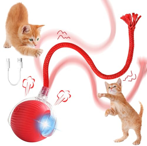 Taozoey Katzenspielzeug Elektrisch, Interaktives Katzenball Spielzeug, Katzenspielzeug Ball mit USB Aufladbar, Interaktiver Spielball mit Schwanz für Katzen