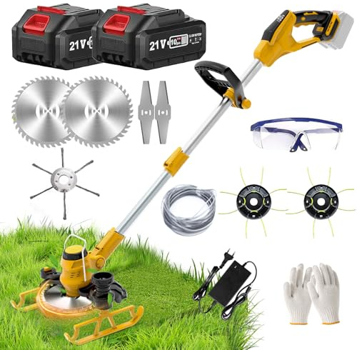 Decespugliatore a batteria, 21 V, senza fili, leggero decespugliatore da giardino con spazzola per erbacce, decespugliatore a lama in metallo, 4 tipi di lame, ruote, telescopico, tagliaerba per