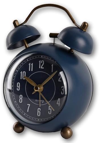 A5 Elegant Compact British Style Silent Twin Bells Alarm Clock, Night Light, Non-Ticking Retro Design, Vintage Metal Bedside Clock for Bedroom, Kitchen, Kids, Study, Office (Royal Blue)