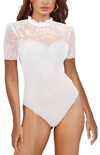 SEBOWEL Spetsbody för kvinnor, sexig, långärmad, nätbodysuit, spets, v-ringad, elegant, transparent topp, A-vit, S