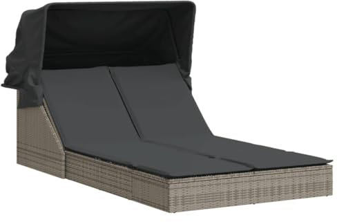 Gecheer Doppel-Sonnenliege mit Dach und Auflagen Doppelliege Gartenliege Relaxliege Rattanliege Strandliege Liegestuhl Grau Poly Rattan