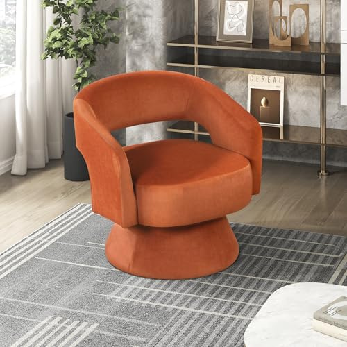 Lexicon 360 Degree Swivel Accent Chair, Modern Comfy Velvet Round Barrel Chair, Open Back, Plush Foam Cushions, Metal Swivel Base for Living Room, Bedroom or Office, Orange