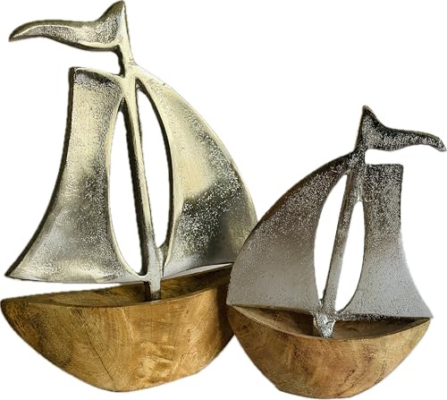 khevga Maritime Decorative Sailing Boat Set of 2 Mango Wood and Metal, Rustic Decoration for Living Room and Bathroom, 10 x 14 and 13 x 18 cm