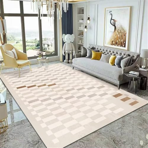 RUGMRZ Küche +Wohnzimmer 60x110CM Bettvorleger Schlafzimmer rutschfest für Wohnzimmer Sandfarbe Moderner Karierter groß kurzflor