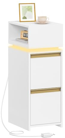 EXCELEN Smalt Sängbord, Sängbord med LED-belysning, Litet Nattduksbord med 2 Lådor Och 1 Öppet Utrymme, Sidobord, för Sovrum, Vardagsrum, Modernt, Vit