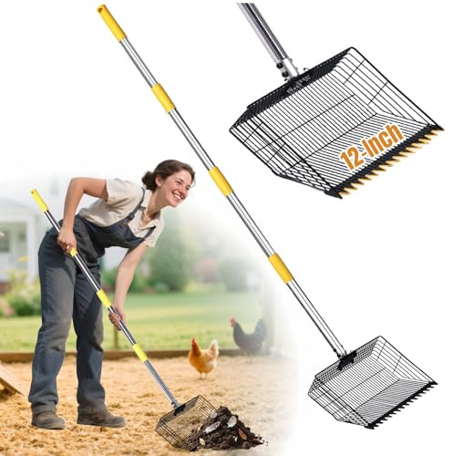 Chicken Coop Poop Scooper with Rake - Ergonomic 12 Sand Sifter Scoop, 65Adjustable Long Handle, Heavy Duty Litter Pooper Cleaning Tool for Dust Bath,Chicken Run,Dog Yard, Farm Animals