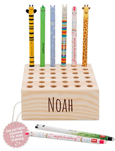 wunderwunsch Stiftehalter für Legami und co aus stabilem Holz, Stifthalter für Buntstifte Kinder Schreibtisch als Geschenk zur Einschulung und Grundschule (mit Name, quadratisch)