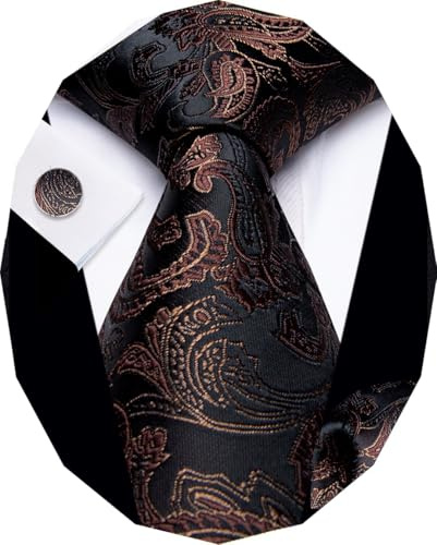 YourTies Brown Black Ties for Men Paisley Necktie Pocket Square Cufflinks | Silk Tie Sets for Men,Jacquard Woven,Paisley Floral,Necktie Handkerchief Cufflinks,Weeding Party Business