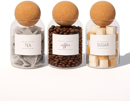 Argon Tableware Glass Tea Coffee Sugar Jars Set - Pack of 3 500ml Storage Canisters with Cork Lids & Labels, Modern Kitchen Containers for Pantry, Countertop & Home Organisation | 500ml Clear Glass Canisters with Natural Cork Ball Lids and Tea Coffee Sugar Labels, Set of 3 Kitchen Storage Containers