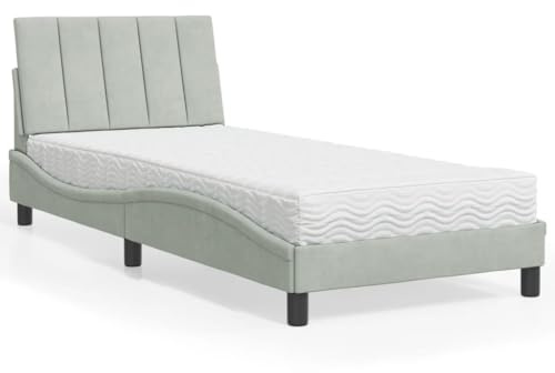 Bucmath Hanko Säng med madrass, ljusgrå 90 x 190 cm, sammetsöverdrag, vågformdesign, komfortskummadrass H2/H3, sovrumsmöbler