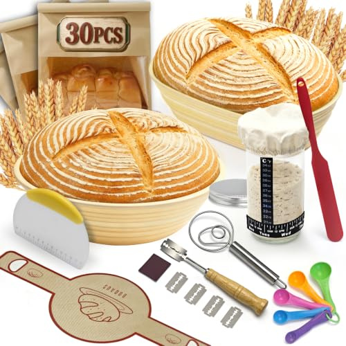 30Pcs Sourdough Starter Kit, Silicone Bread Proofing Basket, Foldable Proofing Basket, Bread Making Accessories Sourdough Bread Starter Kit, for Home Bakers, Baking Enthusiasts and Beginners