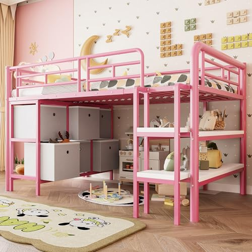 HaoChrymec Letto a Castello Basso in Metallo con Spazio Contenitore, Scale Larghe e Ripiani, Design Sicuro con Angoli Arrotondati, Organizzazione Salvaspazio, per Bambini e Ragazzi, Rosa, 90.200 cm