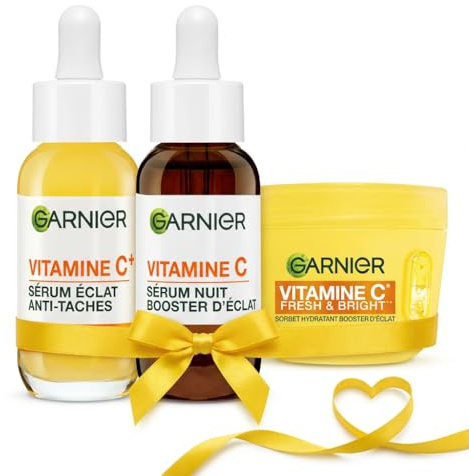 Garnier Skin Active - Coffret Idée Cadeau Saint-Valentin - Routine Éclat & Anti-Taches Vitamine C - Crème Sorbet Fresh & Bright (85ml) & Duo de Sérums Jour & Nuit (2x30ml) - Tous Types de Peaux
