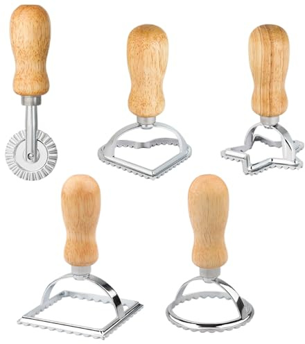 5 PCS Ravioli Maker Set with Wooden Handles, Pasta Cutter Wheel & Shape Stamps (Round, Square, Heart, Star) for Dumplings, Empanadas & Homemade Pasta
