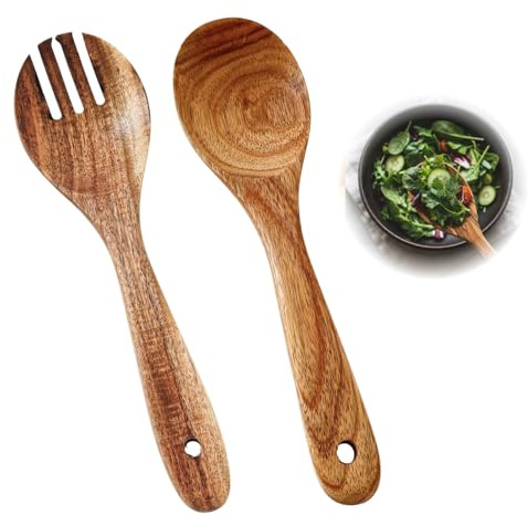 Juego De 2 Piezas Para Servir Ensalada, Cuchara Y Tenedor De Madera, Madera De Olivo, Cuchara Y Tenedor De Ensalada De Madera Hechos a Mano, Cubiertos De Madera Natural Para Ensalada, Cocina, Mesa