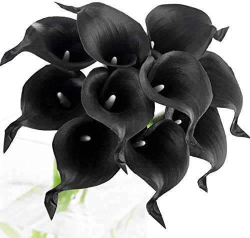 FiveSeasonStuff 10 Stems of Real Touch Calla Lilies Artificial Flower Bouquet, Perfect for Wedding, Bridal, Party, Home Office Décor DIY (Black)