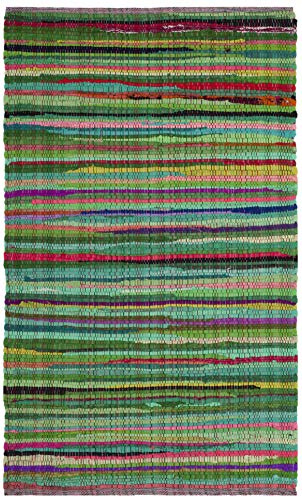 SAFAVIEH Rag Rug Collection Accent Rug - 2' x 3', Green & Multi, Handmade Boho Stripe Cotton, Ideal for High Traffic Areas in Entryway, Living Room, Bedroom (RAR240E)