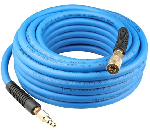 YOTOO Air Hose 3/8 in x 50 ft, Heavy Duty Hybrid Air Compressor Hose, Flexible, Lightweight, Kink Resistant with 1/4 Industrial Quick Coupler Fittings, Bend Restrictors, Blue