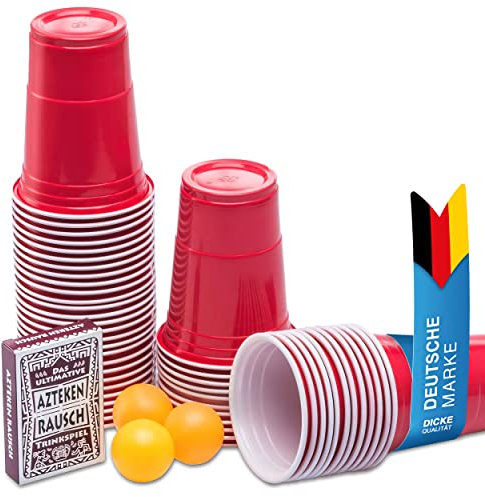 50 Stück Rote Partybecher; Wiederverwendbare Getränkebecher Red Cups Trinkbecher 16 oz Kunststoff Party Becher Plastikbecher - Set inkl. 3 Tischtennis-Bälle + 1 Kartenspiel Aztekenrausch