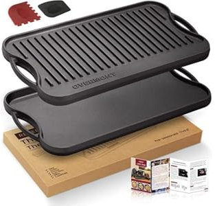 OVERMONT Bistecchiera reversibile in ghisa pre-stagionata, con manici, per piano cottura a gas, forno a fuoco aperto, 43,18 x 24,89 cm, un vassoio, raschietti inclusi