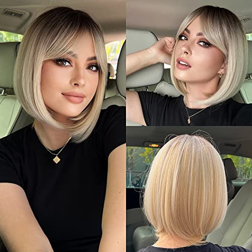 HAIRCUBE Dritto Breve Charming Bob con Bangs Parrucche per Donna Natura Resistente al calore Fibra sintetica Partito/Cosplay/Costume/Parrucca quotidiana (biondo scuro ombra)